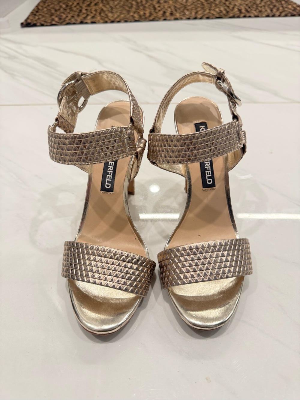Karl Lagerfeld Metallic Gold Textured Block Heel Sandals